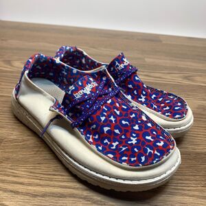Hey Dude Womens Wendy Shoes Leo Americana Slip On White Leopard Size 5 Blue Red